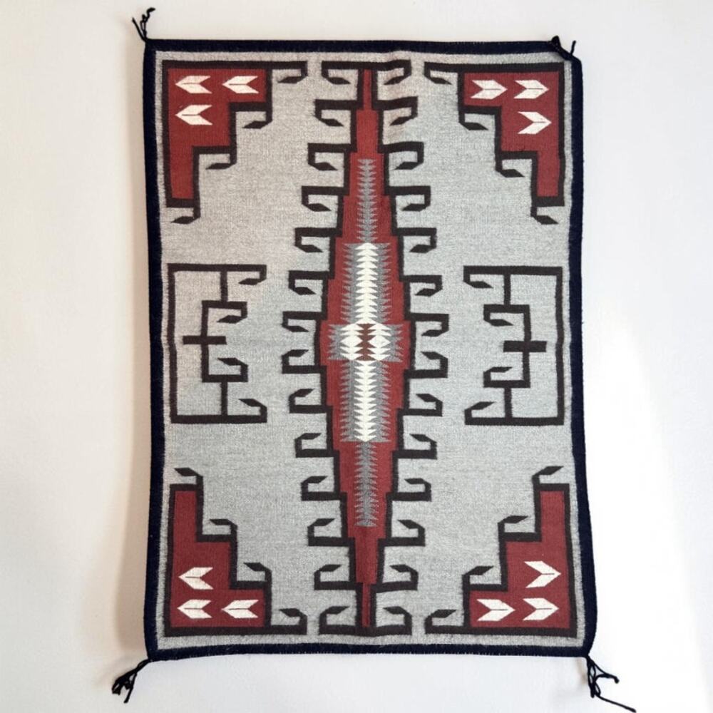 Vintage Handmade Native Navajo Rug Woven Wool Weaving 29"x41” Gray Black Red
